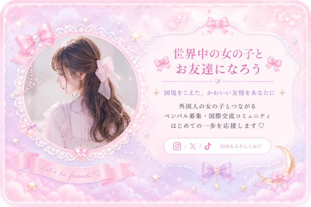 Pastel pink friendship banner with a round photo of a girl, lace frame, bows, stars, and Japanese text inviting girls worldwide to be friends.