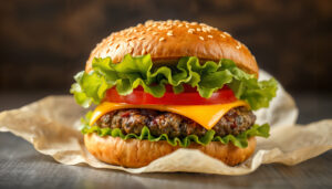 Close-up of a sesame bun cheeseburger with lettuce, tomato, and melted cheese showing layers