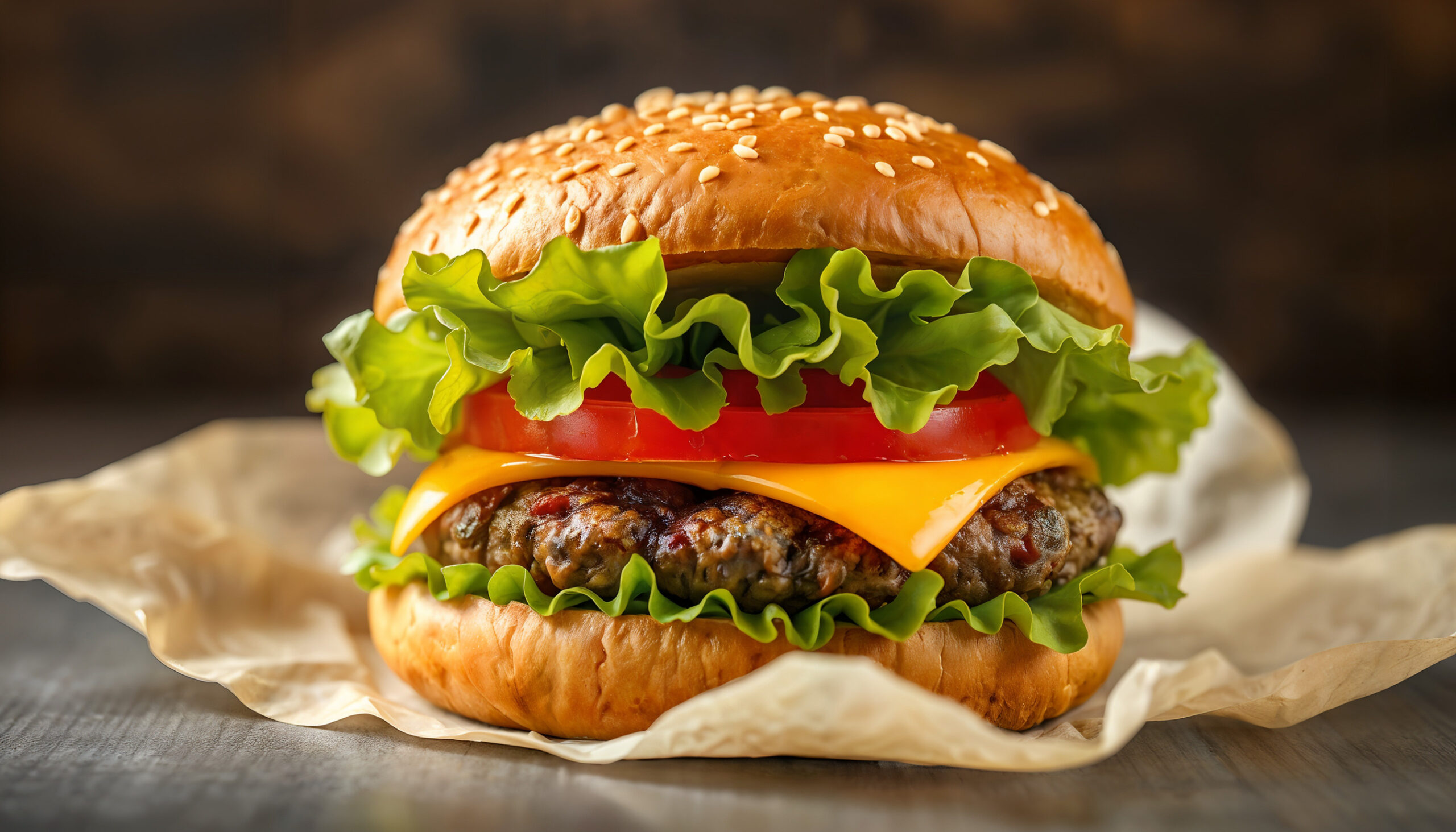 Close-up of a sesame bun cheeseburger with lettuce, tomato, and melted cheese showing layers