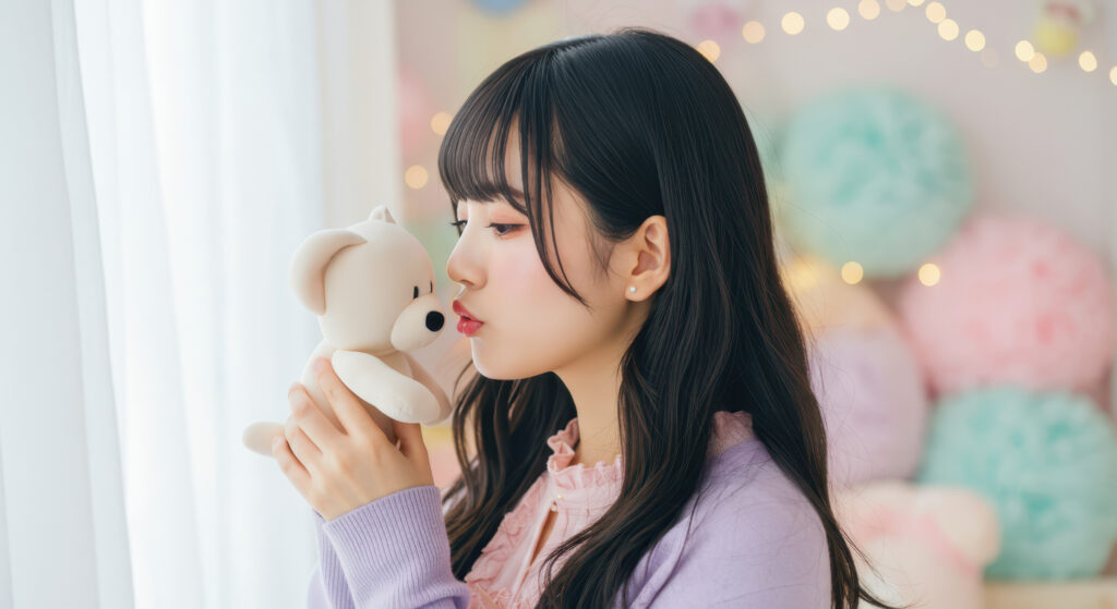 Young woman in a lavender sweater kisses a white plush bear by a window with soft pastel decor.