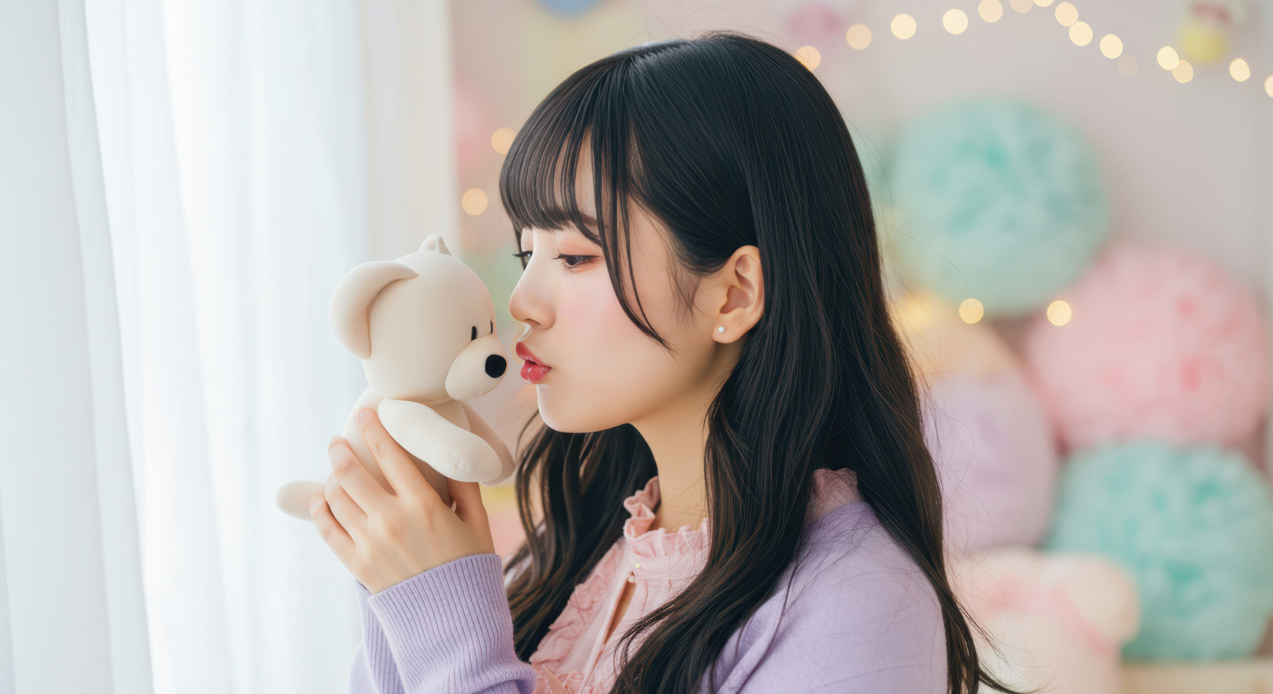 Young woman in a lavender sweater kisses a white plush bear by a window with soft pastel decor.
