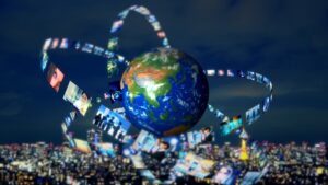 Earth with a circular orbit of photo thumbnails around it, symbolizing global media connectivity over a dark skyline.