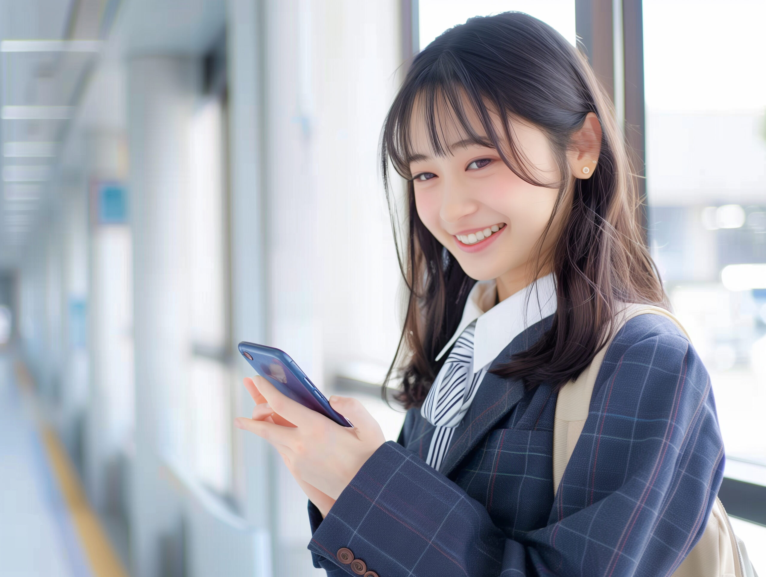 Smiling young woman in a dark plaid blazer holding a smartphone at a bright station platform.