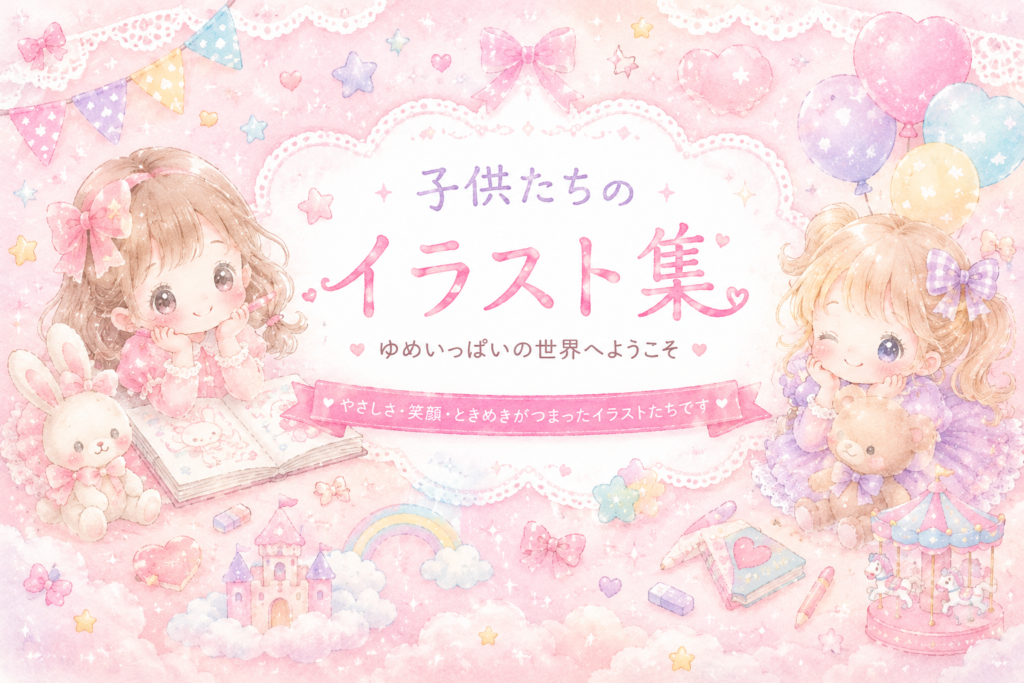 Pastel pink banner with two adorable girls, a bunny, balloons and a castle, introducing a children's illustration collection with soft, dreamy visuals.