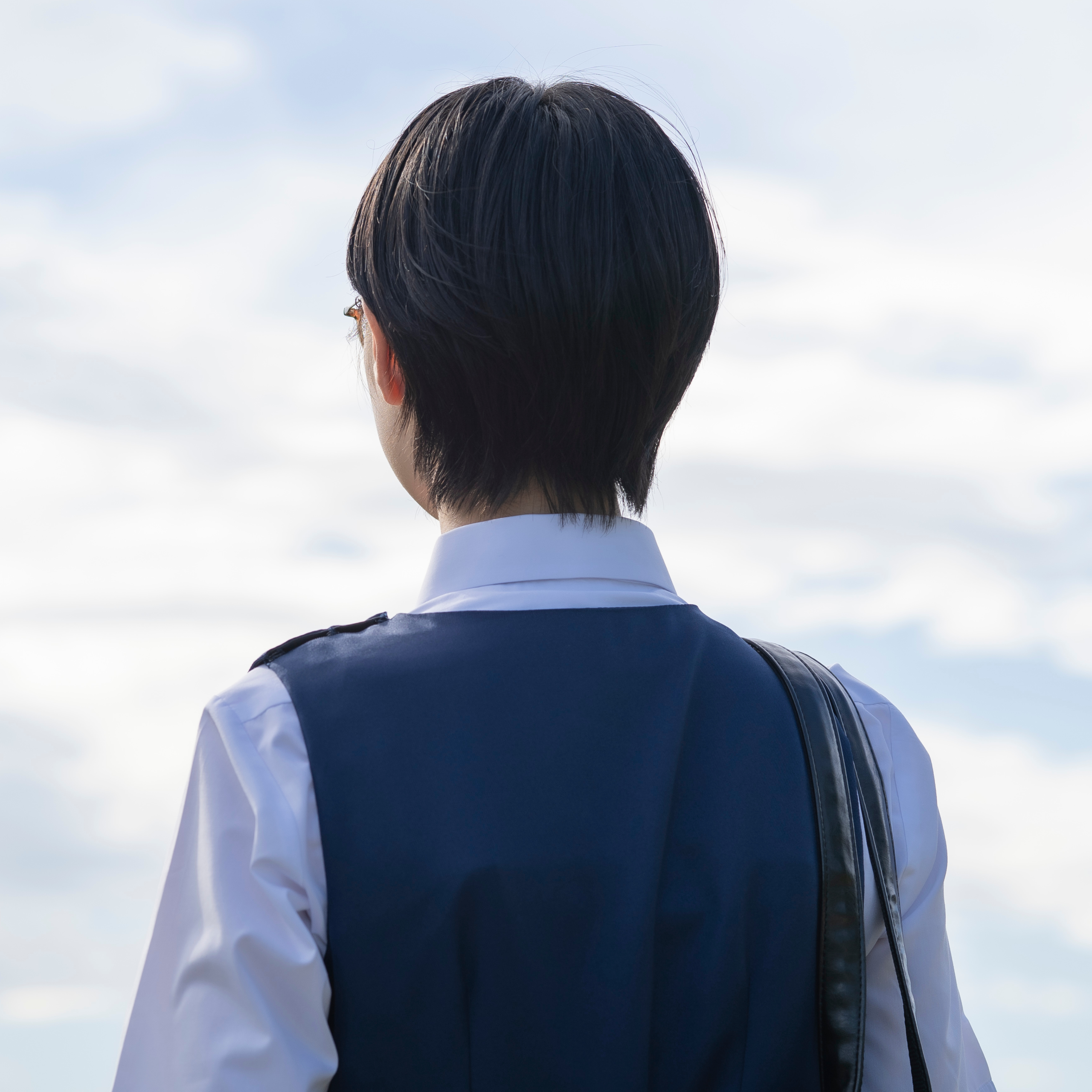 Back view of a person wearing a dark blue vest over a white shirt, outdoors against a bright, cloudy sky