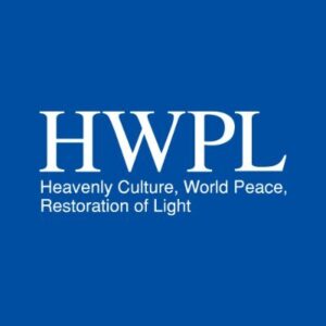 HWPL logo on blue background with the slogan 'Heavenly Culture, World Peace, Restoration of Light'.